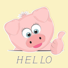 Good cute pig. Greeting card.Yellow background