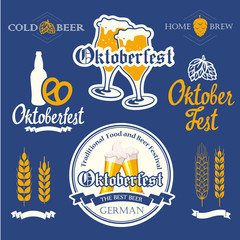 Vector Illustration with beer pub logo and labels. Simple symbols glass, bottle. Oktoberfest traditions. Decorative elements for your design.