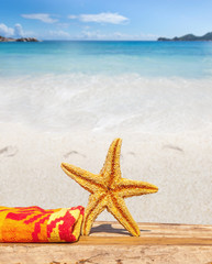 Fototapeta na wymiar étoile de mer et serviette sur plage des Seychelles