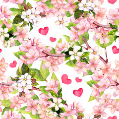 Cherry blossom, apple pink flowers, hearts. Floral repeating pattern for Valentine day or wedding. Watercolor