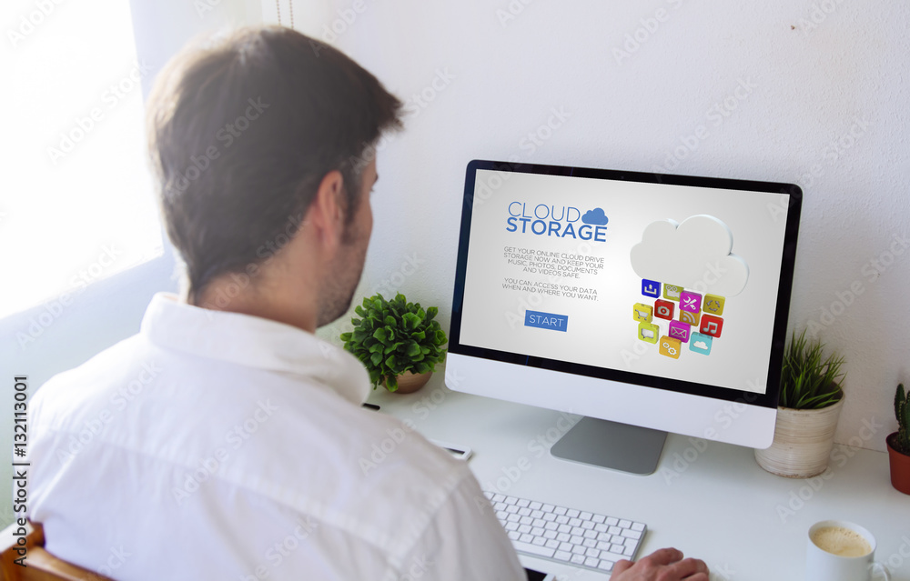 Poster man using cloud storage online platform