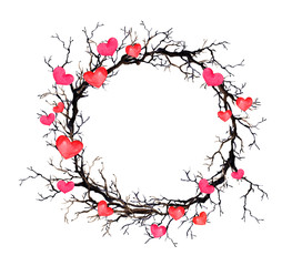 Valentine day wreath - branches and hearts. Watercolor circle border for wedding