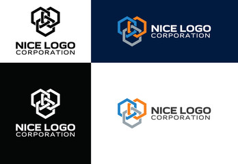 logo construction industry, colored hexagons, blue, orange and gray colors