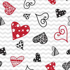 Retro hand-drawn sketches seamless background with hearts for valentines and wedding day