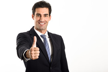 Businessman with thumb up on white background