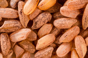 Uncooked raw brown rice. Food background. Healthy lifestyle concept. Closeup macro shot.