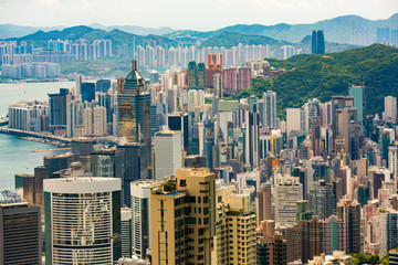 High density of tall buildings on Hong Kong Island looking from Victoria Peak