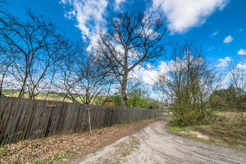 Rural road and wooden fence, spring landscape