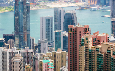 Commercial buildings and housing complexes on Hong Kong Island before Victoria Harbour