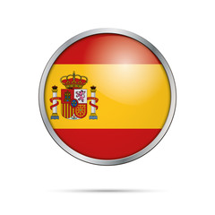 Vector Spanish flag Button. Spain flag in glass button style with metal frame.