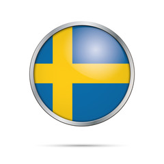 Vector Swedish flag Button. Sweden flag in glass button style with metal frame.