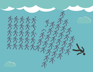 Arrow shows the way - The crowd of workers follows the team lead