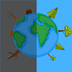 Naklejka premium Ecological catastrophy. Two half Earth. Save planet