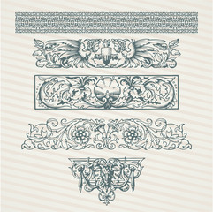 Decorative elements in vector collection with retro ornament pattern in antique roman and baroque style