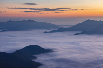 Fototapeta na wymiar Landscape with the mist at Pha Tung mountain in sunrise time, Chiang Rai, Thailand.