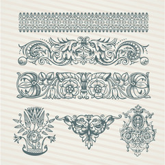 Decorative elements in vector collection with retro ornament pattern in antique roman and baroque style
