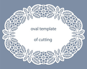 Greeting  card with openwork  oval border, paper doily under the cake, template for cutting, wedding invitation, decorative plate is laser cut, frame with lace edge, vector illustrations. - obrazy, fototapety, plakaty