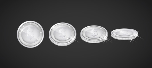 Silver coins in different positions set. Vector coin isolated on