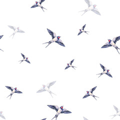 Beautiful swallow on a white background. Watercolor illustration. Spring bird brings love. Handwork. Seamless pattern