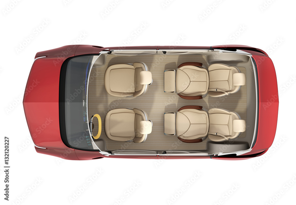 Poster top view of autonomous car cutaway image. front seats turn to backward, and the rear seats have gorg