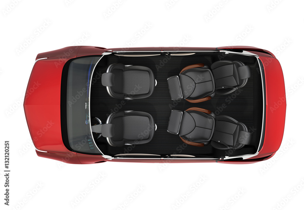 Poster top view of autonomous car cutaway image. front seats turn to backward, and the rear seats have gorg