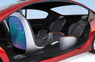 Obraz premium Business meeting seats' layout in autonomous car. Front seats turn to backward, and the rear seats have gorgeous reclining massage function. 3D rendering image.