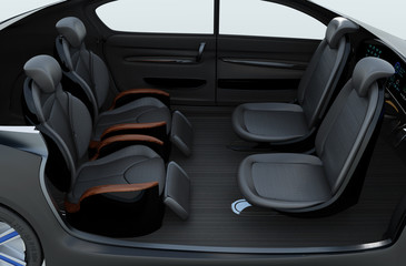 Business meeting seats' layout in autonomous car. Front seats turn to backward, and the rear seats have gorgeous reclining massage function. 3D rendering image.
