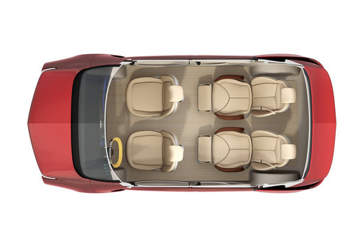 Top view of autonomous car cutaway image. Front seats turn to backward, and the rear seats have gorgeous reclining massage function. 3D rendering image.
