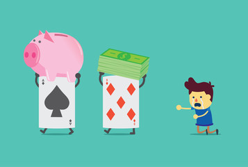 Poker card lifting dollar bill and piggy bank of man. He waste a lot of money from gambling.