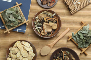 Traditional Chinese medicine and ancient medical book on bamboo