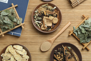 Traditional Chinese medicine and ancient medical book on bamboo