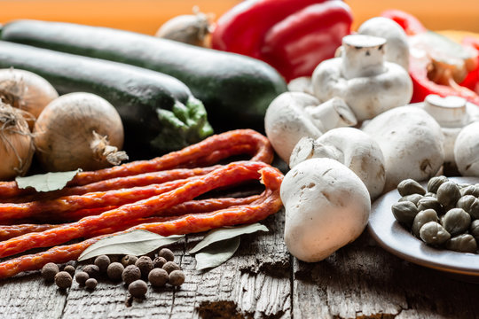 Fresh vegetables and sausages, food assortment, healthy eating, cooking ingredients