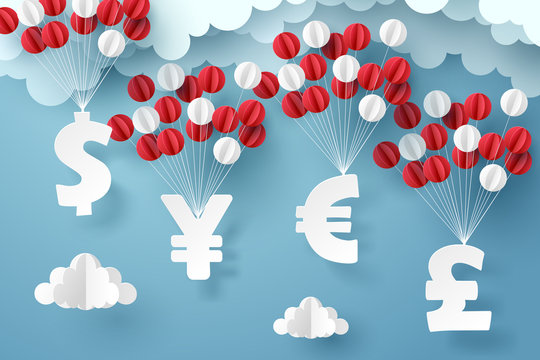 Paper art group of currency sign hanging with colorful balloon