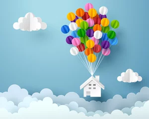Fotobehang Paper art of house hanging with colorful balloon © TAW4