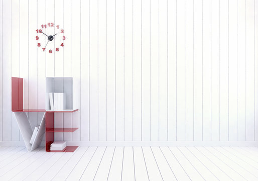White modern room interior with word Love book shelf for Valentine's day, 3D rendering