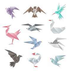 Origami bird set. Vector 3d abstract paper flying birds with wings isolated on white background