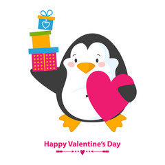 Cute and happy penguin with heart and boxes with gifts.Vector illustration for happy valentines day card. Isolated on white background