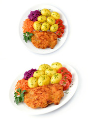 smażony filet drobiowy z ziemniakami, pomidorem i surówkami
