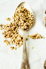 sweet and salty green buckwheat in spices and cocoa, raw granola