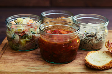 Collection of salads in jars