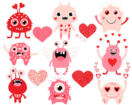 Vector Love Set Of Cute Valentines Day Monsters And Hearts