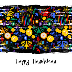 Hanukkah greeting card with flowers, birds, wooden dreidels, donuts, chocolate coins, candles and menorah (traditional Candelabra). Happy Hanukkah, Jewish holiday background