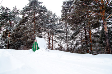Green booth in the winter forest