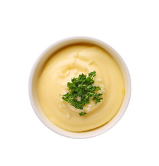 Mayonnaise sauce in bowl on white background