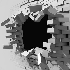 Broken brick wall with explosion cracked hole