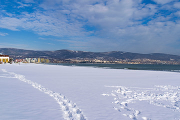 Fototapeta na wymiar Snowy beach and sea at winter with blue sky