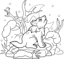 Cartoon little wolf howls looking at the moon