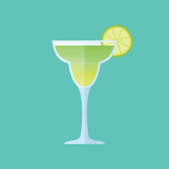 Glass of margarita cocktail with lime slice isolated on background. Flat style icon. Vector illustration.