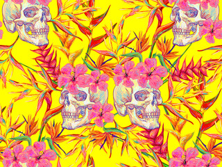 Seamless summer tropical pattern with skulls and exotic flowers vector background. Tropical flowers. Perfect for wallpapers, pattern fills, web page backgrounds, surface textures, textile - obrazy, fototapety, plakaty