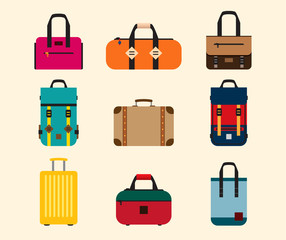 Vector bag icons set. Flat style. Handbag, backpack, messenger bag, suitcase
